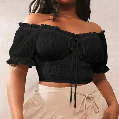 Bohemian Solid Color Ruffle Off Shoulder Short Sleeve Blouse by SHEIN
