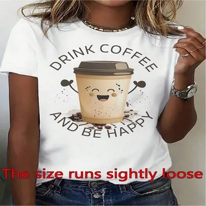 Happy Coffee Cup Print T-Shirt Crew Neck Casual Cotton Tee Medium Stretch Knit Fabric Regular Fit by SHEIN