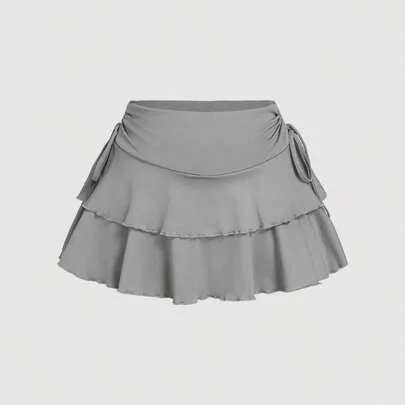 Solid Color Side Drawstring Waist Layered Hem Skirt by SHEIN