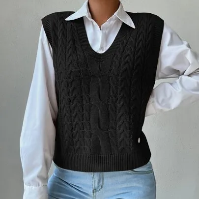 V Neck Cable Knit Sweater Vest by SHEIN