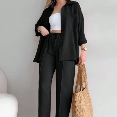 2-Piece Casual Loose Shirt Top + 9-Point Pants Set by SHEIN