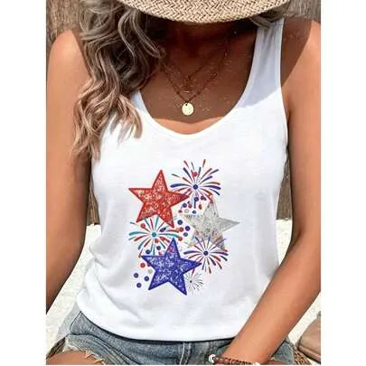 Patriotic Star-Shaped Fireworks Print Tank Top by SHEIN