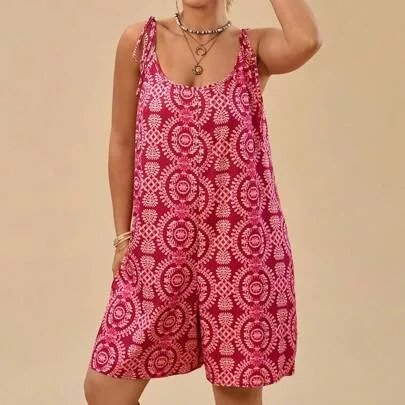 Boho Floral Print Spaghetti Strap Loose Casual Dress by Travachic