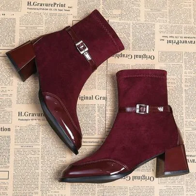 French British Vintage Style Square Toe Ankle Boots Side Zipper Slim Boots Chunky Heel Buckle Design by SHEIN