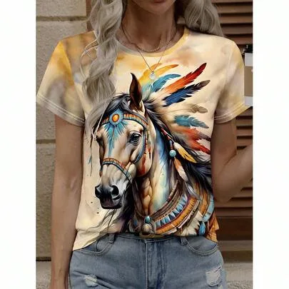 Horse Print Casual Short Sleeve Graphic T-Shirt by SHEIN