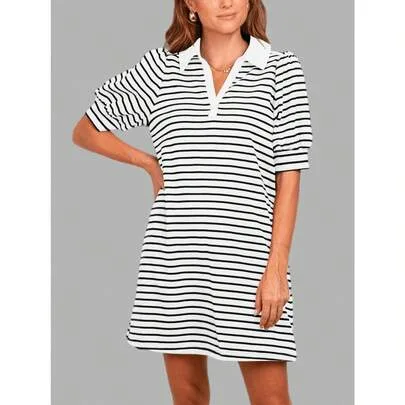 T-Shirt Dress with Pockets Striped Lapel Collared V Neck Polo Puff Short Sleeve by SHEIN