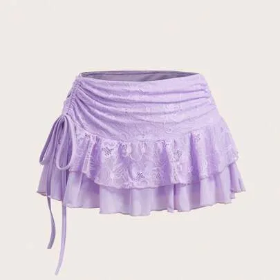 Ultra Low Waist Lace & Mesh Double Layer Pleated Tie Up High Slit Skirt by Sweetina