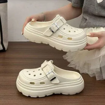 Thick-Soled EVA Soft-Bottomed Open-Toe Platform Slides Hollow Breathable Strap Slippers by SHEIN