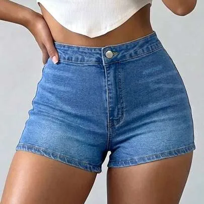 Mid Waist Stretchy Ripped Distressed Denim Shorts, Roll Up Hem Frayed Cuffed by SHEIN
