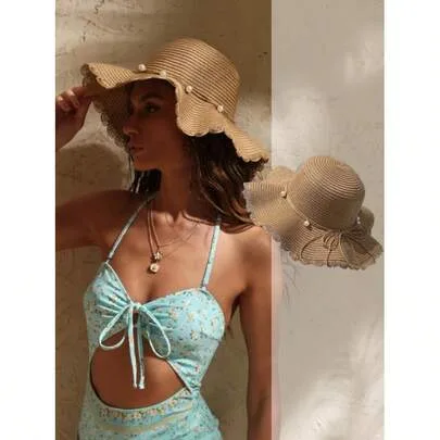 Lightweight Hollow Woven Wide Brim Straw Sun Hat, Pearl Decor Self-Tie Strap by SHEIN