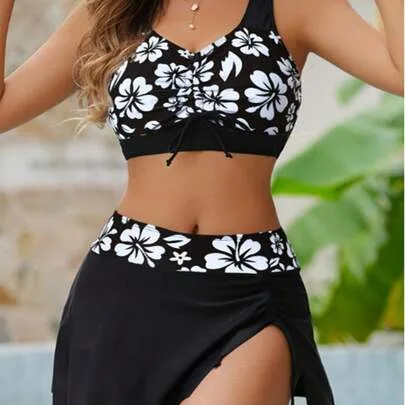 Floral Print Drawstring Bikini Set, Triangle Skirt and Drawstring Camisole Swimwear by SHEIN