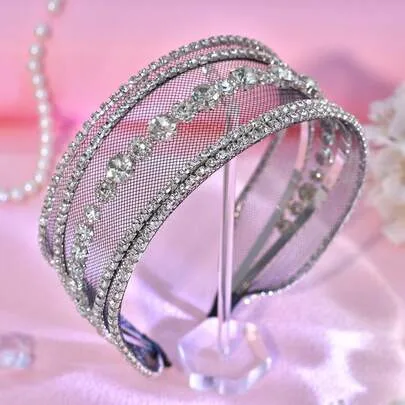 Shiny Rhinestone Headband, Mesh Hollow Wide-Brim Headpiece by SHEIN