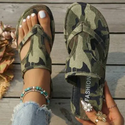 Camouflage Print Flat Open Toe Comfy Sandals by SHEIN