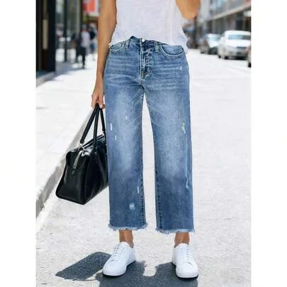 Loose Fit Stretchy Distressed Washed Frayed Hem Straight Leg Jeans by SHEIN