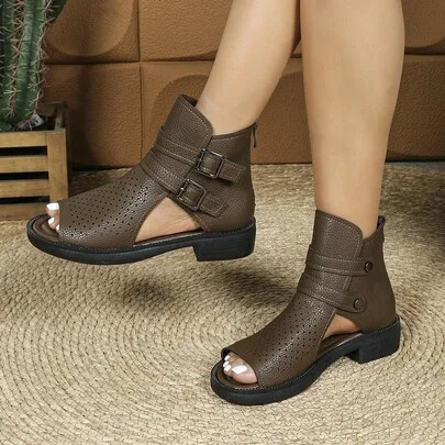 Hollow Perforated Lightweight Chunky Heel Ankle Boots with Zipper by SHEIN