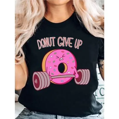 Funny Donut Print Casual T-Shirt, Short Sleeves Round Neck Slight Stretch Sports Tee by SHEIN