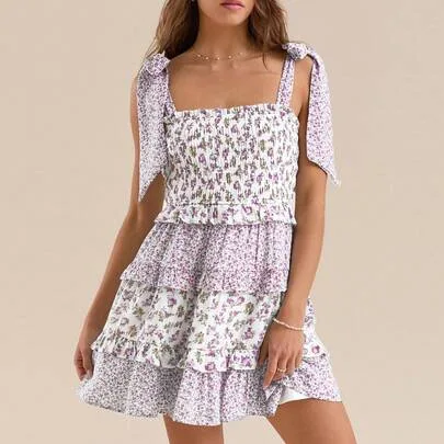 Y2K Tie Shoulder Dress Boho Floral Print Sleeveless Smocked Bust Dress Short Flowy Dress Summer Beach Vacation Sundress by SHEIN