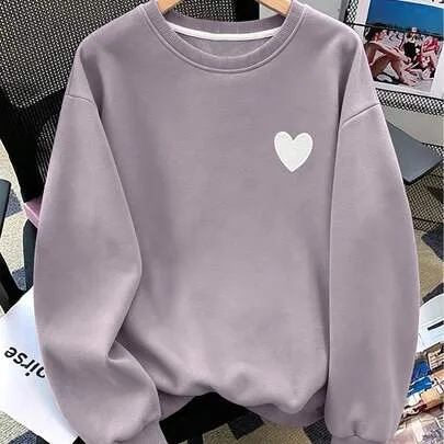 Heart Print Casual Long Sleeve Sweatshirt, Regular Fit Drop Shoulder Pullover by INAWLY