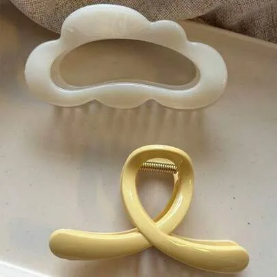 2pcs/1pc 4.33in/11cm White Cloud & Yellow Straight Plastic Hair Clips, Fashion Versatile Elegant Minimalist Solid Color Hair Claws by SHEIN