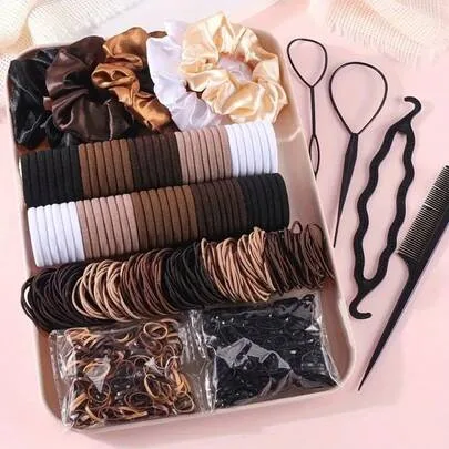 1159pcs Basic Minimalist Hair Accessories Set, Fresh Scrunchies, Hair Ties, High Elasticity Non-Damaging Hair Rings by SHEIN