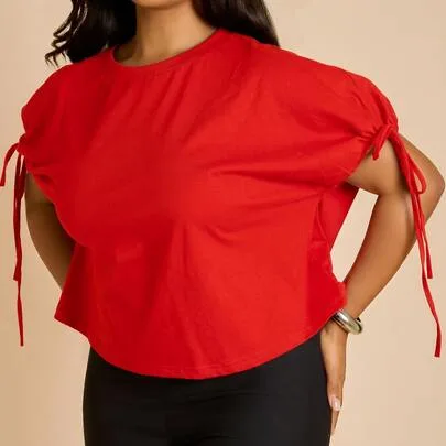 100% Cotton Casual Oversized Puff Sleeve T-Shirt Drawcord Detail by FASHION SZN
