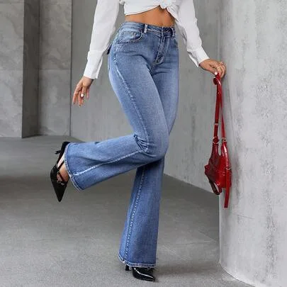 Front Button Closure Multi Pocket Embroidery Simple Denim Jeans by SHEIN
