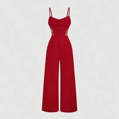 Elegant Party Jumpsuit, Retro Lace Hollow Out Draped Neck Wide Leg Jumpsuit