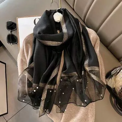 Faux Silk Pearl Embellished Scarf/Shawl by SHEIN
