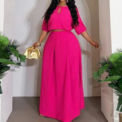 2-Piece Set, Crinkle Cutout Blouse & Pleated A-Line Skirt by Veslaya