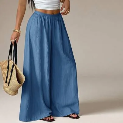 Summer Loose Textured Casual Vacation Wide Leg Pants by SHEIN