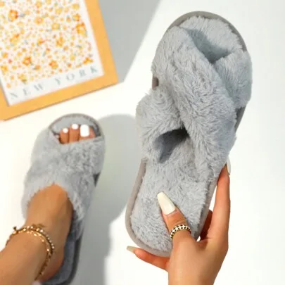 Criss-Cross Fluffy Plush Slippers, Soft Bottom Lightweight Comfortable Quiet Indoor Bedroom Slippers, Polyester