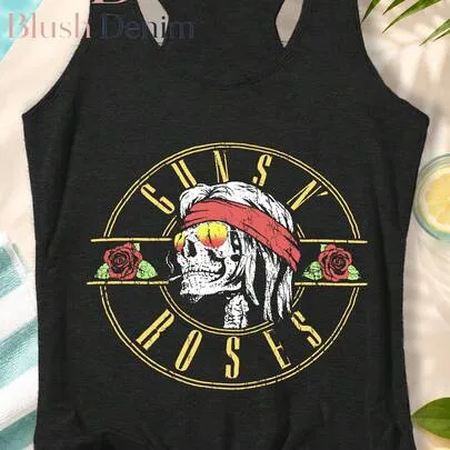 Denim 180g Vest Casual Rock Print Tank Top Skull Rose Design by SHEIN