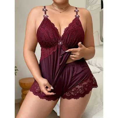 Napfluff CURVE Lace Patchwork Elastic Knit Sexy Backless Camisole & Shorts Pajama Set by SHEIN