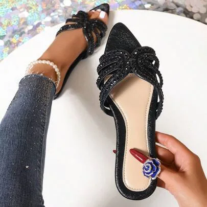 Rhinestone Pointed Toe Slippers Shiny H-Strap Slides by Ximi Ruo