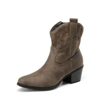 Western Embroidered Ankle Boots with Low Chunky Heel, Round Toe Cowgirl Style Short Booties