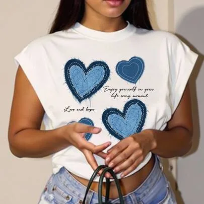 Heart Letter Denim Effect Printed T-Shirt by Slaydiva