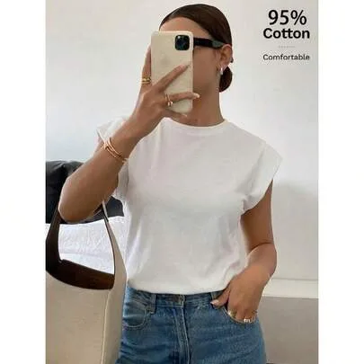 Solid Color Textured Wide Shoulder Waffle Knit T-Shirt Top by SHEIN
