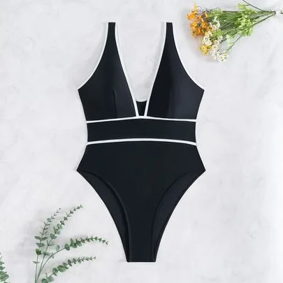 Splicing Deep V-Neck U-Back One-Piece Swimsuit by Swim Chiccia