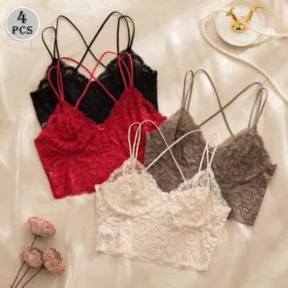 4pcs Lace Bra with Bow Decor, Criss-Cross Strap, No Padding & Underwire Lingerie by SHEIN