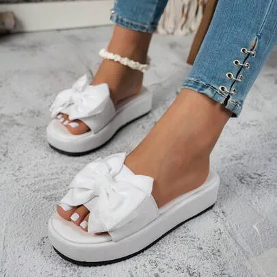 Thick Sole Wedge Sandals, Slip-On with Bow Decor by SHEIN