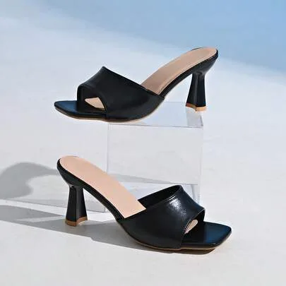 Open Toe Chunky Heel Mules Sandals by SHEIN