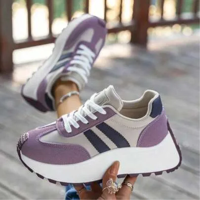 Striped Platform Lace Up Sneakers, Breathable Easy Clean Casual Shoes by SHEIN