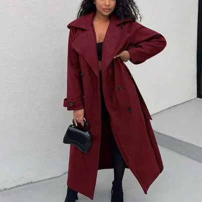 Extra Long Cinched Waist Double Breasted Decorative Button Down Trench Coat with Oversized Collar by Alexandranx