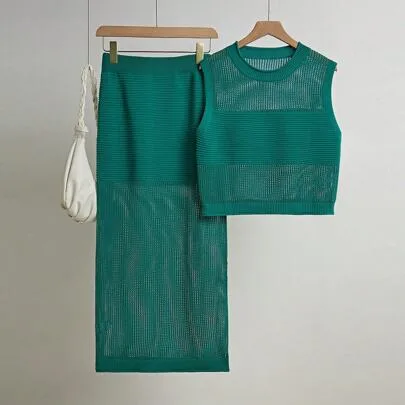 2 Pieces Hollow Out Knitted Sweater Vest and Skirt Suits by Franclia