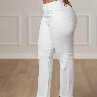 Denim Straight Leg Jeans with Raw Hem and Pockets High Stretch by SHEIN