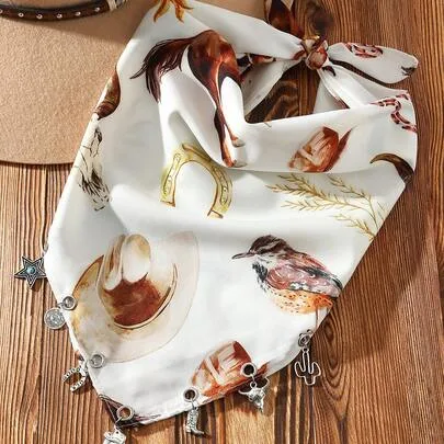 Cowboy Print Western Cowgirl Style Horse & Bull Head Print Scarf by SHEIN
