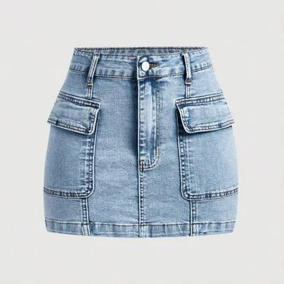 Denim Mini Skirt with Pockets by SHEIN