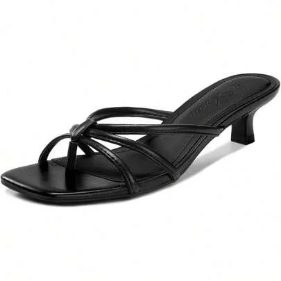Strappy Kitten Heels Square Toe Thong Heeled Sandals by Athlefit