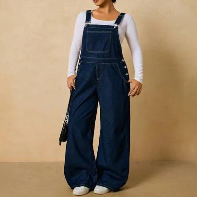 Wide Leg Loose Denim Overalls Bib Jumpsuit with Button Design Pockets