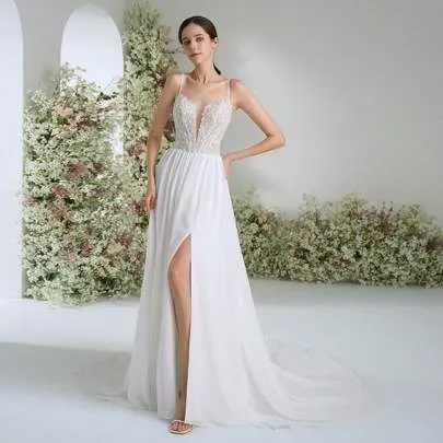 Spaghetti Strap A-Line Lace Chiffon Ethereal High Slit Tie-Up Trailing Deep V-Neck Sleeveless Corset Wedding Dress by Elasola